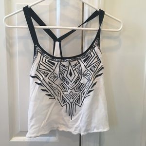 Black and White Embroidered Cropped Racerback Tank